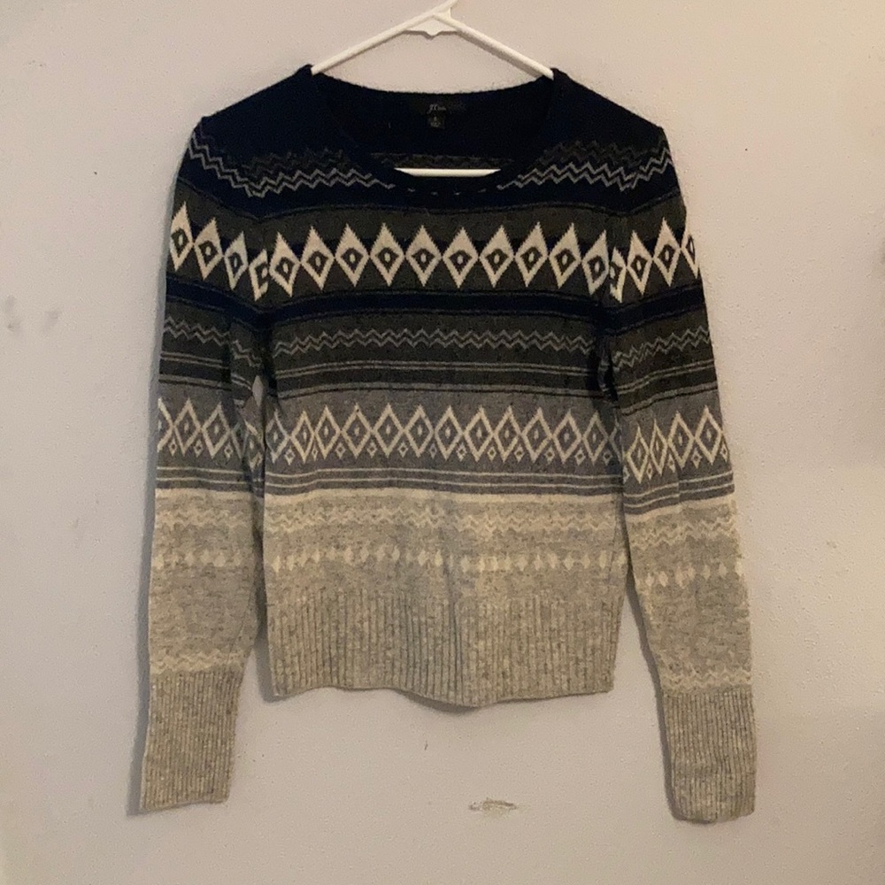 J. Crew size S fair isle striped ombré grey and black wool crew neck sweater